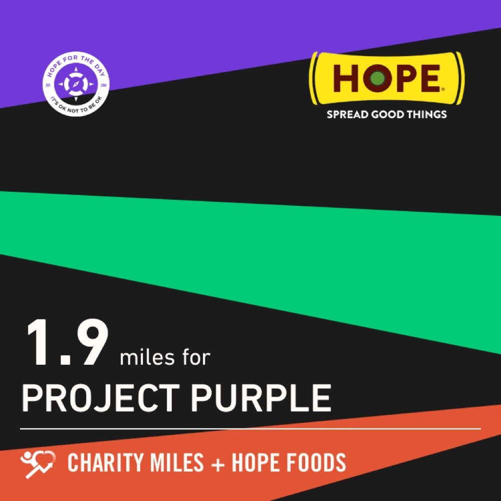 AmyBeyi's tweet photo. 1.9 @CharityMiles for @Run4Purple. Thx @HopeHummus for sponsoring me! #SpreadHope #HopeForTheDay https://t.co/Xmen5YELXg