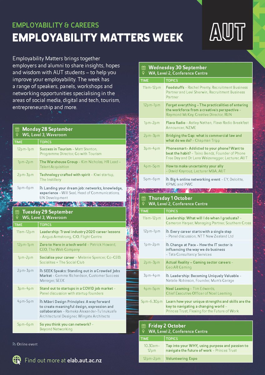 The Employability Matters Week timetable is here! 🎉🎉

Check out the incredible lineup of speakers we've put together for you. 

Spaces are limited so book in now! ⏰ 
bit.ly/AUTEMS2