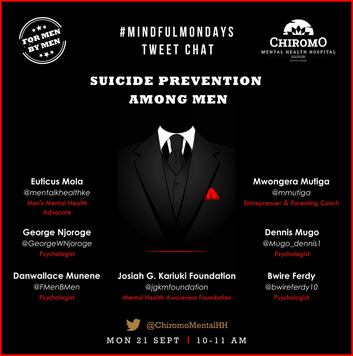 Good Morning & Welcome to  #MindfulMondays where we demystify  #mentalhealth!Today we are talking about  #SuicidePrevention   among Men!We have a distinguished panel  @mentalkhealthke  @GeorgeWNjoroge  @mmutiga  @FMenBMen  @jgkmfoundation  @bwireferdy10  @Mugo_dennis1Let's get started!