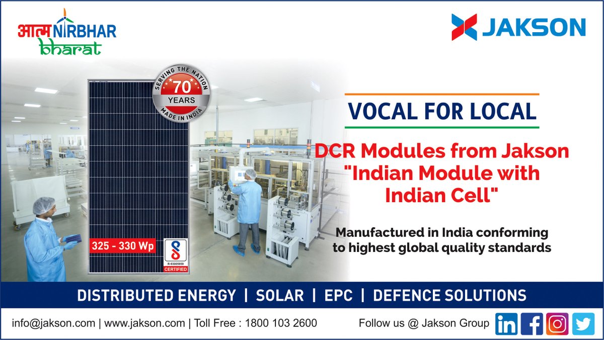 JaksonGroup's tweet image. Highly Efficient, Made in India DCR modules for all kinds of solar installations, manufactured at our state of the art solar module manufacturing facility in Greater Noida, Uttar Pradesh #solarmodules #DCRmodules #madeinindia #aatmanirbharbharat #solarpv
