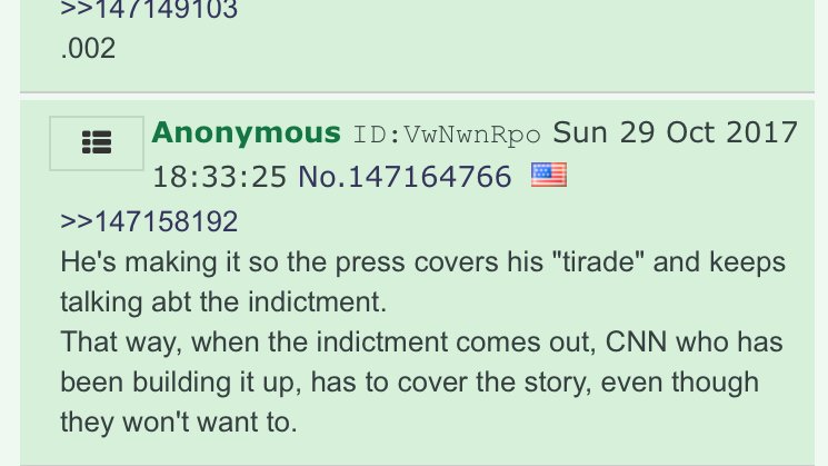 However, it IS worth noting that in this thread -- as in all the others we've covered so far -- various conspiracy theories were floating around, usually with Q-adjacent themes. For instance: "Trump is playing 4D chess and will clean the swamp w/help from Sessions or Mueller":