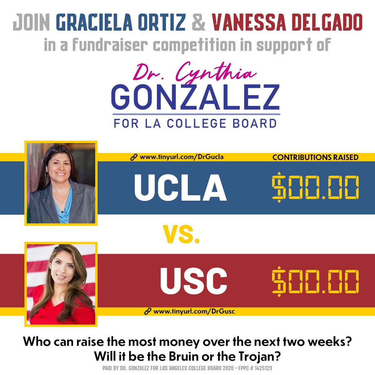 JustEdLA's tweet image. Thank you Graciela Ortiz and Vanessa Delgado for hosting this friendly competition... Let’s see who can bring in the most contributions.  The competition ends October 3rd.  
Who will win it? USC? UCLA? Ortiz? Delgado?
#UCLA 
tinyurl.com/DrGucla
#USC 
tinyurl.com/DrGusc