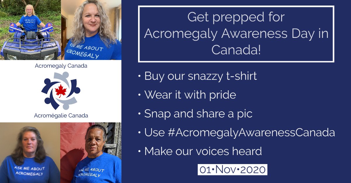 AcroVan's tweet image. #AcromegalyAwarenessCanada!

Join us Nov. 1 as we flood social media to raise awareness and start conversations.

T-shirt T-shirt sizes: M, L, XL, 2XL
Cost: $15 (incl. shipping in Canada)

Email contact@acromegalycanada.ca by Oct. 23 for delivery by Nov. 1