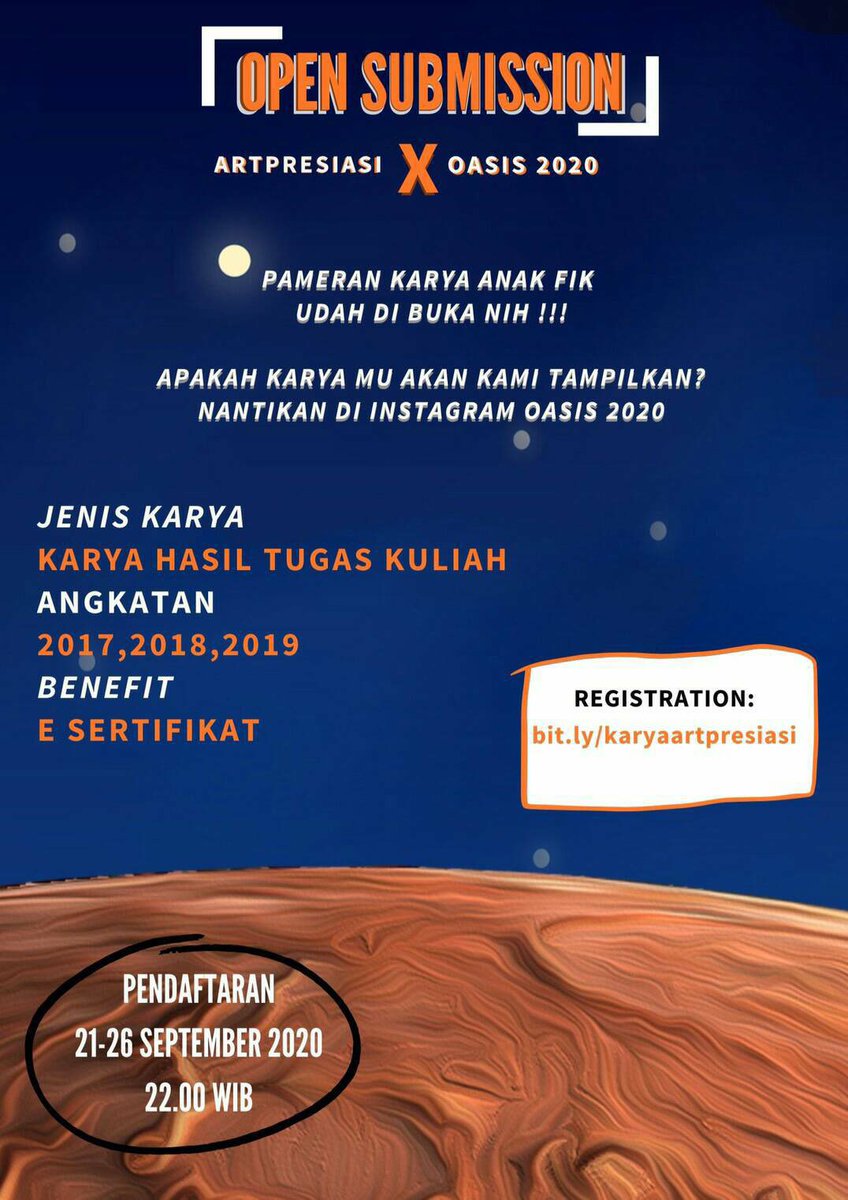 bemfiktelu's tweet photo. Hello Masyarakat FIK !!!
Kami dari ARTPRESIASI yaitu suatu acara Pameran Karya anak FIK yang juga merupakan rangkaian acara dari OASIS2020, Kami ingin mengajak kalian berpatisipasi unjuk karya hasil tugas kuliah kalian. Dan karya kalian akan kami  tampilkan https://t.co/wGFtmvMflY