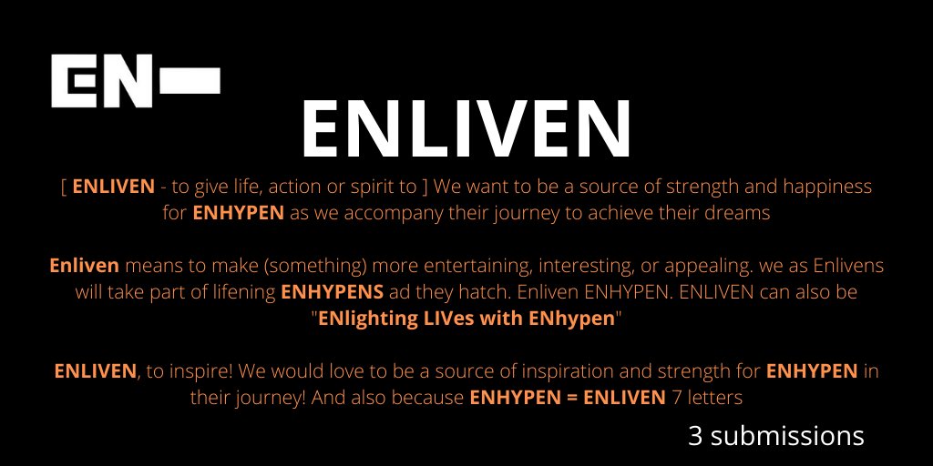 [ #ENHYPEN FAN CLUB NAME SUBMISSIONS THREAD]Here are 4 of the names you guys submitted to our tracker!ENLIVENENLUVENPHINITYENLUM @ENHYPEN @ENHYPEN_members #엔하이픈 #ENHYPEN_FandomName