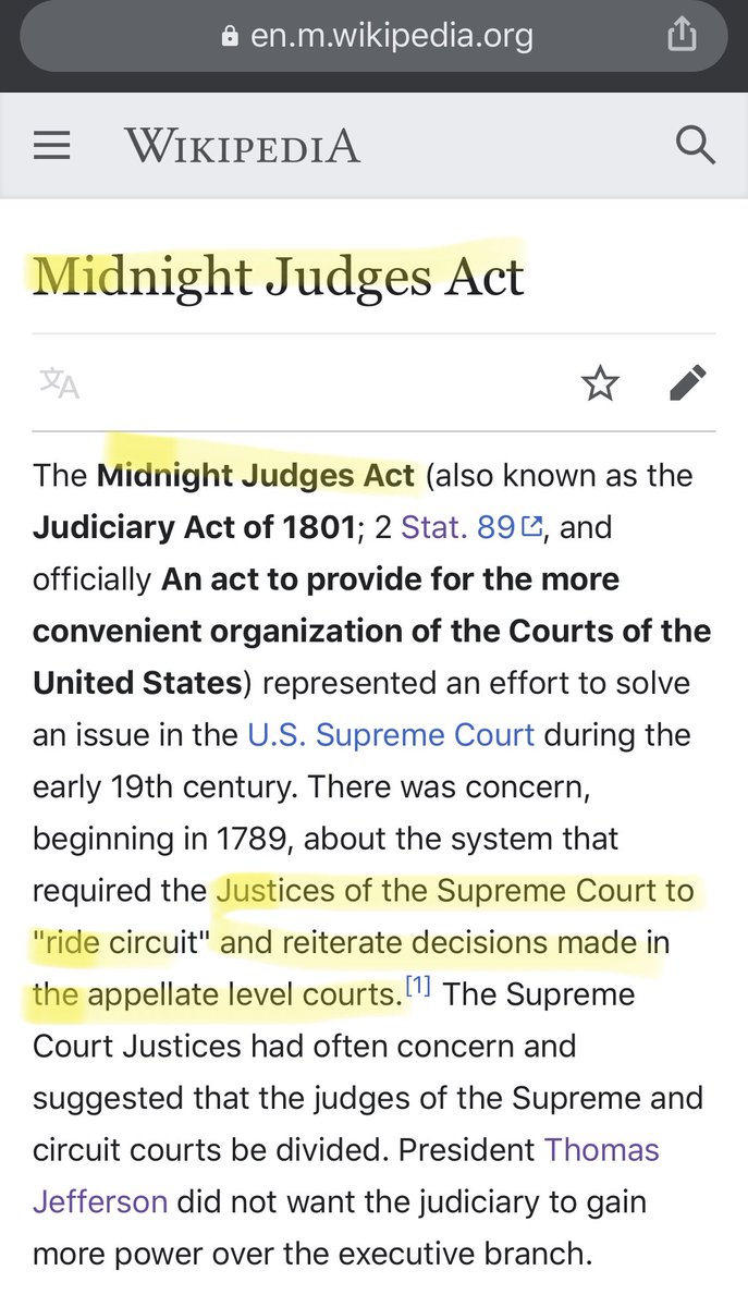 Midnight Judges Act was to provide for the more convenient org of the Courts. Was an effort to solve issue in the U.S. Supreme Court during the early 19th century. The system required Justices of the SC to "ride circuit" & reiterate decisions made in the appellate level courts.