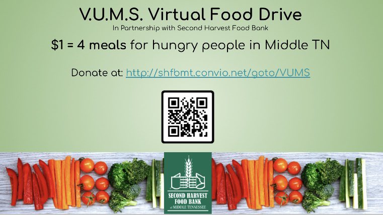 With the help of VMI and its partners, the Vanderbilt Undergraduate Microbiome Society (VUMS) is hosting a virtual food drive! $1 = 4 meals. We’d love your support — we’re 1/3 of the way to our goal!