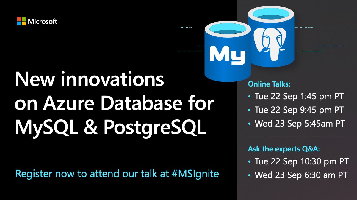 AzureDBMySQL's tweet image. Only a couple more sleeps before #MSIgnite. Don’t forget to register and join our sessions to learn about the latest in #AzureDBMySQL &amp;amp; #AzureDBPostgres w/ @andreajlam and @LukasFittl
myignite.microsoft.com/sessions/f40c3…