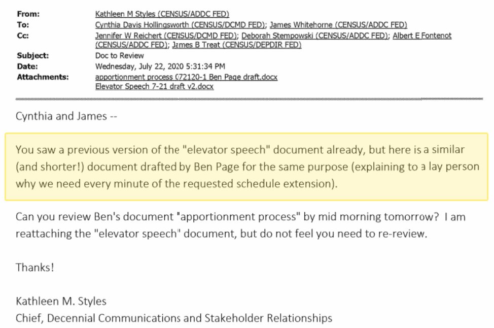 4. On 7/21, 2 career officials, Kathleen Styles & Ben Page, began circulating separate draft documents with others at Census Bureau that tried to put plainly, as Styles wrote in this email, "why we need every minute of the requested schedule extension." https://assets.documentcloud.org/documents/7213892/July-22-2020-Email-From-Kathleen-Styles-DOC.pdf