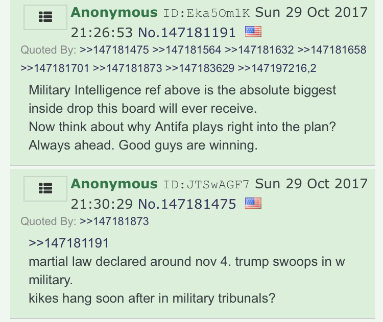 ... which makes the first response to drop 12 pretty unfortunate.But note that even this response is in line with Q's later mythos: the "military tribunals" so beloved of Q people. But this is interesting: why is this belief emerging so quickly on 4chan, WITHOUT any "digging?"
