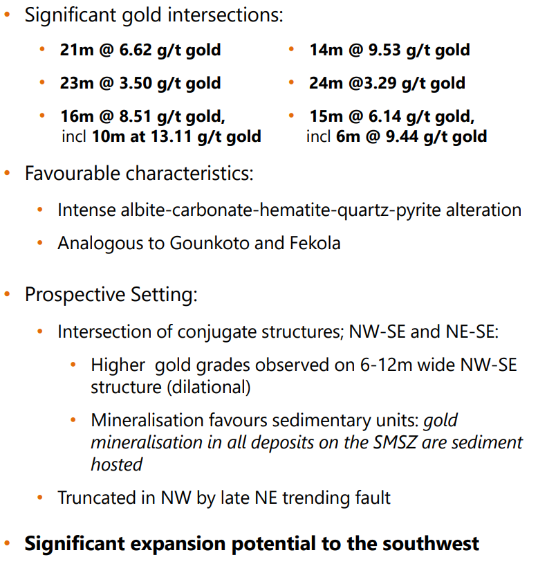 No surprise that limestone is not a great host for gold here. It's the same at Fekola and Gounkoto as two examples as well as Area A. What's going on at Area A? Here CHZ have hit as much as 300m by 400m type of mineralization. It won't be, say, 1 gpt. Easy to see it's more. 6/