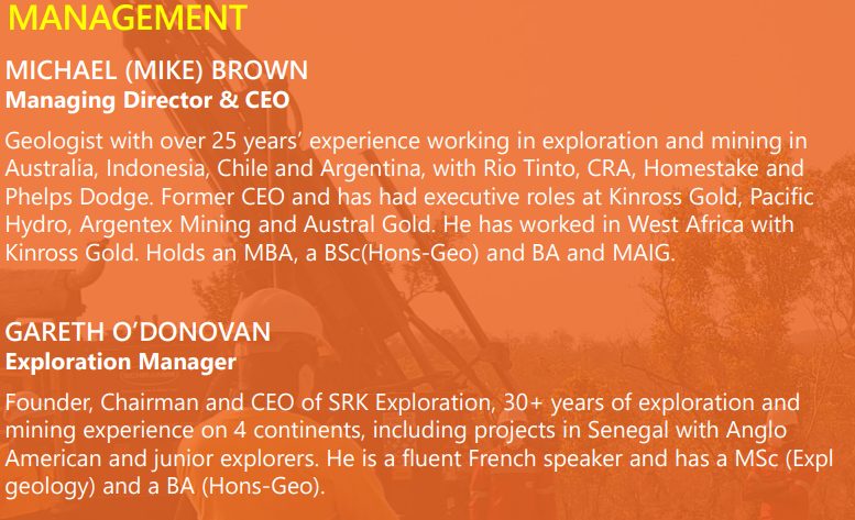 Shoutout to Simon Taylor on prior slide as he was the one who originally put Diamba Sud into Chesser. Mike Brown and Gareth O'Donovan have many years of exploration experience. I get that most companies have many experience at the helm but these guys do tick the box. 9/
