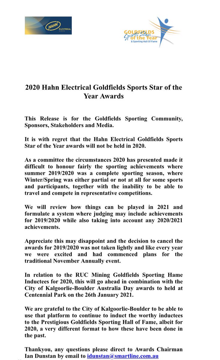 GFSportsStar's tweet photo. With sadness we wish to confirm the cancellation of the 2019/20 event planned for November though in good news the Hall of Fame will continue with 2 new inductees to occur on the 26/1/2021 https://t.co/njLgy2OODF