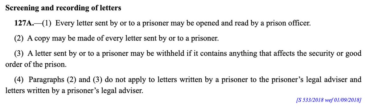 This is the relevant part of the prison regulations. Note that (4) says the prison can’t copy/withhold correspondence between a prisoner and their legal advisor. How and why did the prison forward Syed’s letter to his lawyer to the AGC?