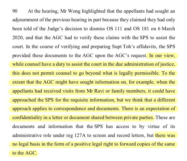 The Court of Appeal made it clear that there’s “no legal basis” for the  #Singapore Prison Service to be forwarding inmates’ documents/correspondence to the AGC. It said “the proper procedure would have been to obtain the prisoner’s consent or an order of court.”