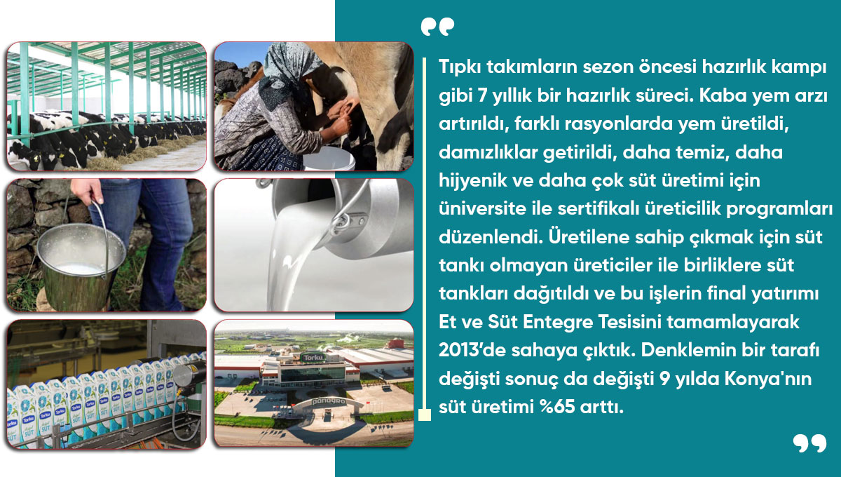 Konya; 2010'da 796.355 Ton olan yıllık süt üretimi 2019'da 1.315.120 Tona ulaşarak %65 arttı.

Aynı şeyleri yaparak farklı sonuç alınmaz Einstein’ın dediği gibi, denklemin bir tarafını değiştirmezseniz sonuç da değişmez. Denklemin bir tarafını değiştirdik sonuç da değişti.