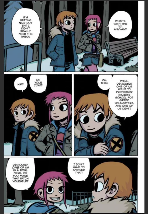 ❤️Thread of cute Scott/Ramona moments because the movie doesn't do the greatest job showing they're mutually into each other ❤️
1. The x men convo on their first date! 
#ScottPilgrim #ScottPilgrimIs10 #RamonaFlowers #BryanLeeOMalley 