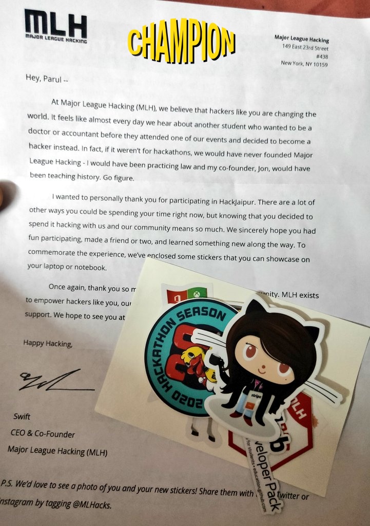 ParulTaneja15's tweet photo. Thank-you @MLHacks for sending stickers all the way from United States โ
๐ฅ
#MLH2020 #hackjaipur https://t.co/CXYHsuoq59