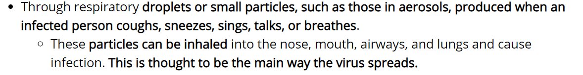 2/ Bottom line 1 : most important new text is:“These particles can be inhaled into the nose, mouth, airways, and lungs and cause infection. This is thought to be the main way the virus spreads.”Particles here (and this thread) = either aerosols or droplets (NOT virions)