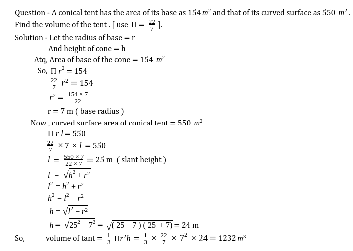 dishamam's tweet photo. #class9th #maths #SurfaceAreasAndVolumes
Question - A conical tent has the area of its base as 154 m^2and that of its curved surface as 550 m^2. Find the volume of the tent. [ use = 22/7].
#Mathematics #DishaMam #DakshClasses #DCQ00060 https://t.co/vk4Azk5bqf