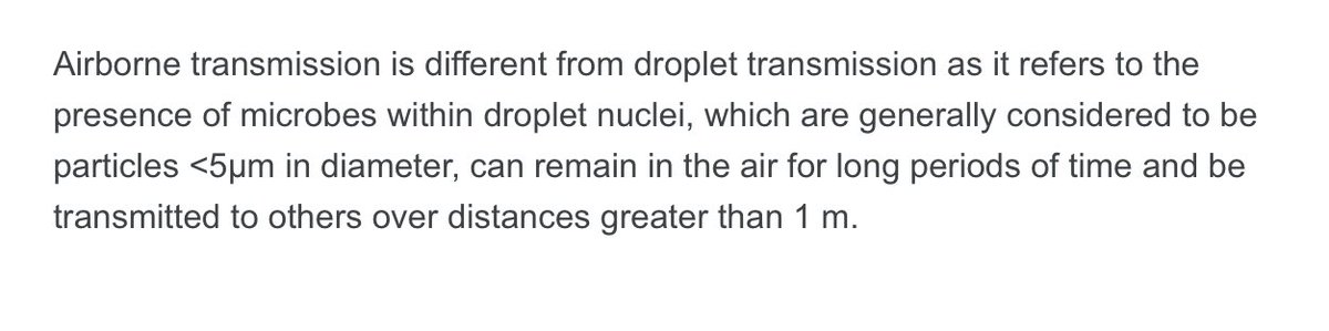6/ In March, WHO published “modes of transmission” document that clearly downplayed the airborne [term of art] nature of the disease.  https://www.who.int/news-room/commentaries/detail/modes-of-transmission-of-virus-causing-covid-19-implications-for-ipc-precaution-recommendations