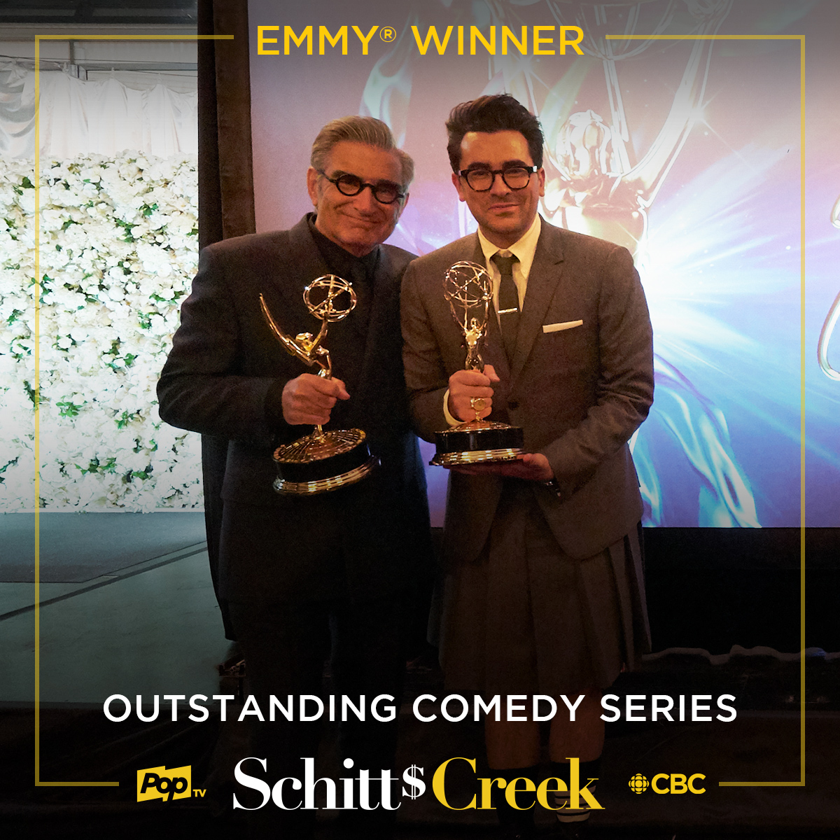 Finally, huge, huge, massive, enormous congratulations to the entire cast and crew of Schitt's Creek for winning the Outstanding Comedy Series  #Emmy  ! We wish everyone could have been together tonight to celebrate 