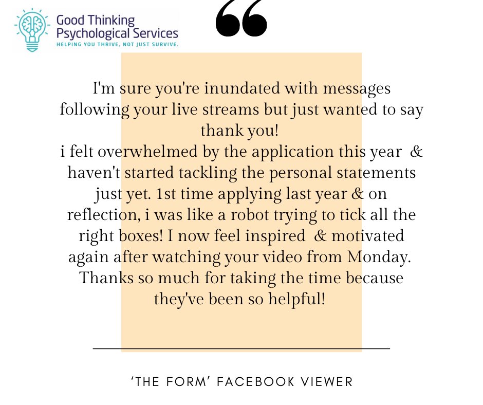 Another lovely feedback about my Facebook Live ‘The Form’ 
It’s nice to know the lives have helped people feel more confident in their applications. 
The next live is Tonight! 7:15pm
#facebooklive #assistantpsychologist #assistantpsych #clinicalform #trainee #traineepsychologist