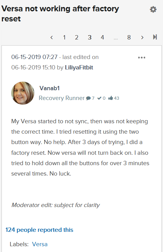 so  @fitbit 's recent update failed and a factory reset broke my versa. its been a little over a year since i purchased it, so now its just ewaste. or paperweight. .decided to check the community and there's quite a few people reporting this.. https://community.fitbit.com/t5/Other-Versa-Smartwatches/Versa-not-working-after-factory-reset/td-p/3533383/page/3. #fitbit