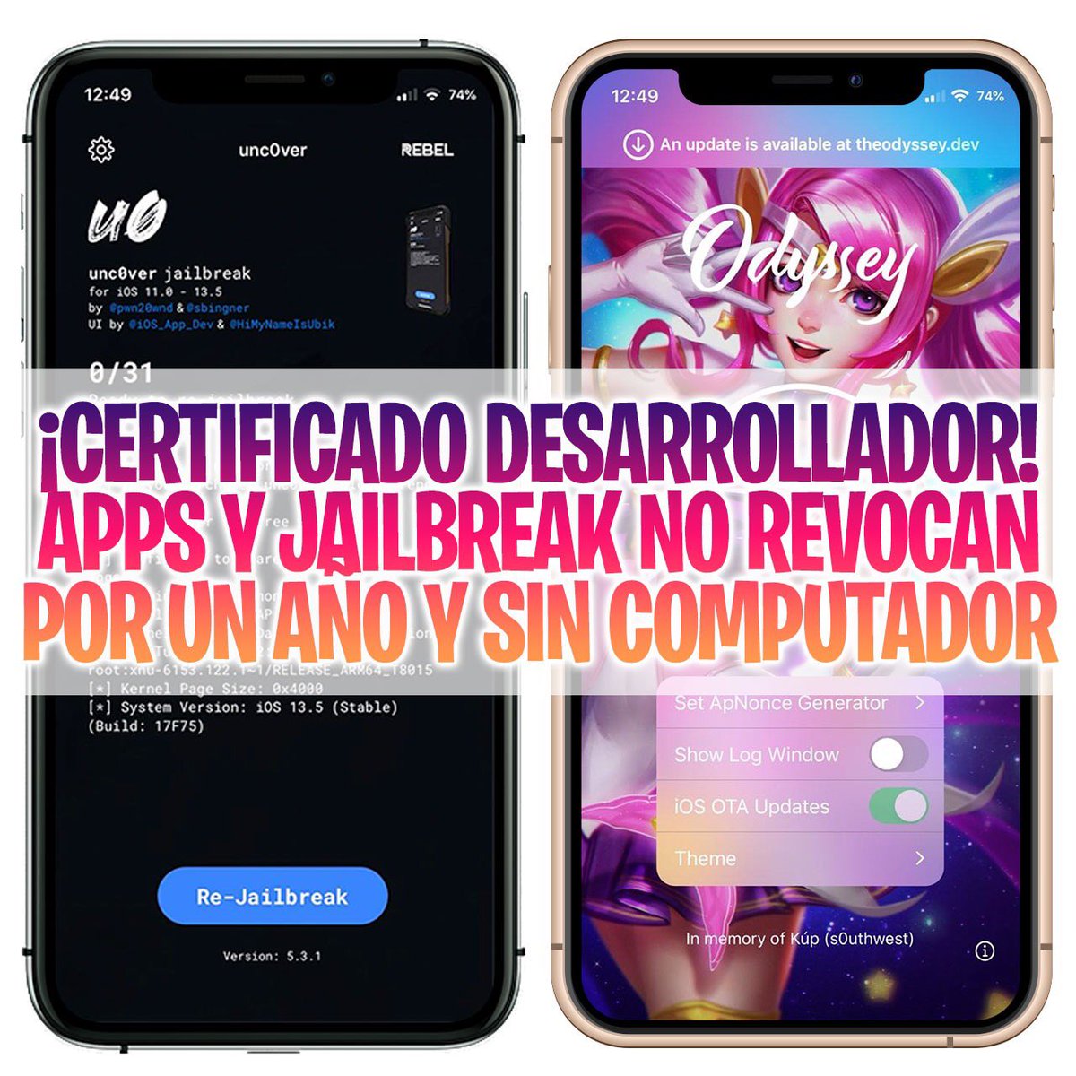 ProfeJuAntonio's tweet image. 🚀 FIRMA TU #JAILBREAK Y APPS➕➕ CON CERTIFICADO DE DESARROLLADOR 🧨

🎁 Regalo 🔟 accesos, sólo deben:

1️⃣ Seguir a @prudidtech y a mí ✨
2️⃣ Dar #ReTweet y ❤️ a esta publicación 📌

🗓 Dura un año
💯 Libre de computador
🚫 99,9% seguro que no revocará