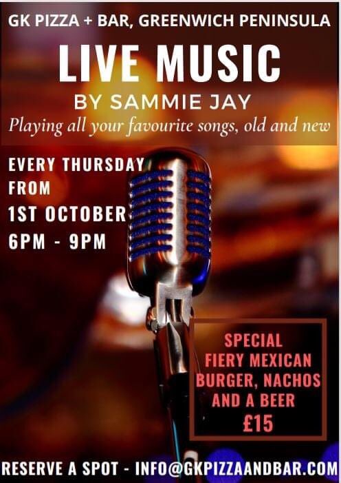 Starting next Thursday we will have weekly live music @gk_pizza_bar 
Book a spot for Thursday 1st October to see <a href="/sammiejaymusic/">sammie Jay</a> perform between 6-9pm 🎤 
#greenwich #greenwichpeninsula #livemusic #musician #singer #livesinger #se10 #peninsula