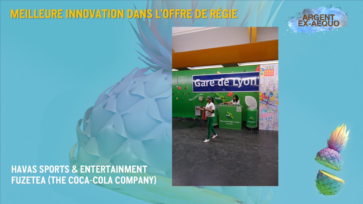 Catégorie meilleure innovation dans l’offre de régie, #FuzeTea de @cocacolafr reçoit un #ARGENT ex-aequo pour « The Color Line », dispositif organisé notamment dans le métro avec @Havas_SE_Fr. Félicitations #gpstrat https://t.co/WZojRjZJJe