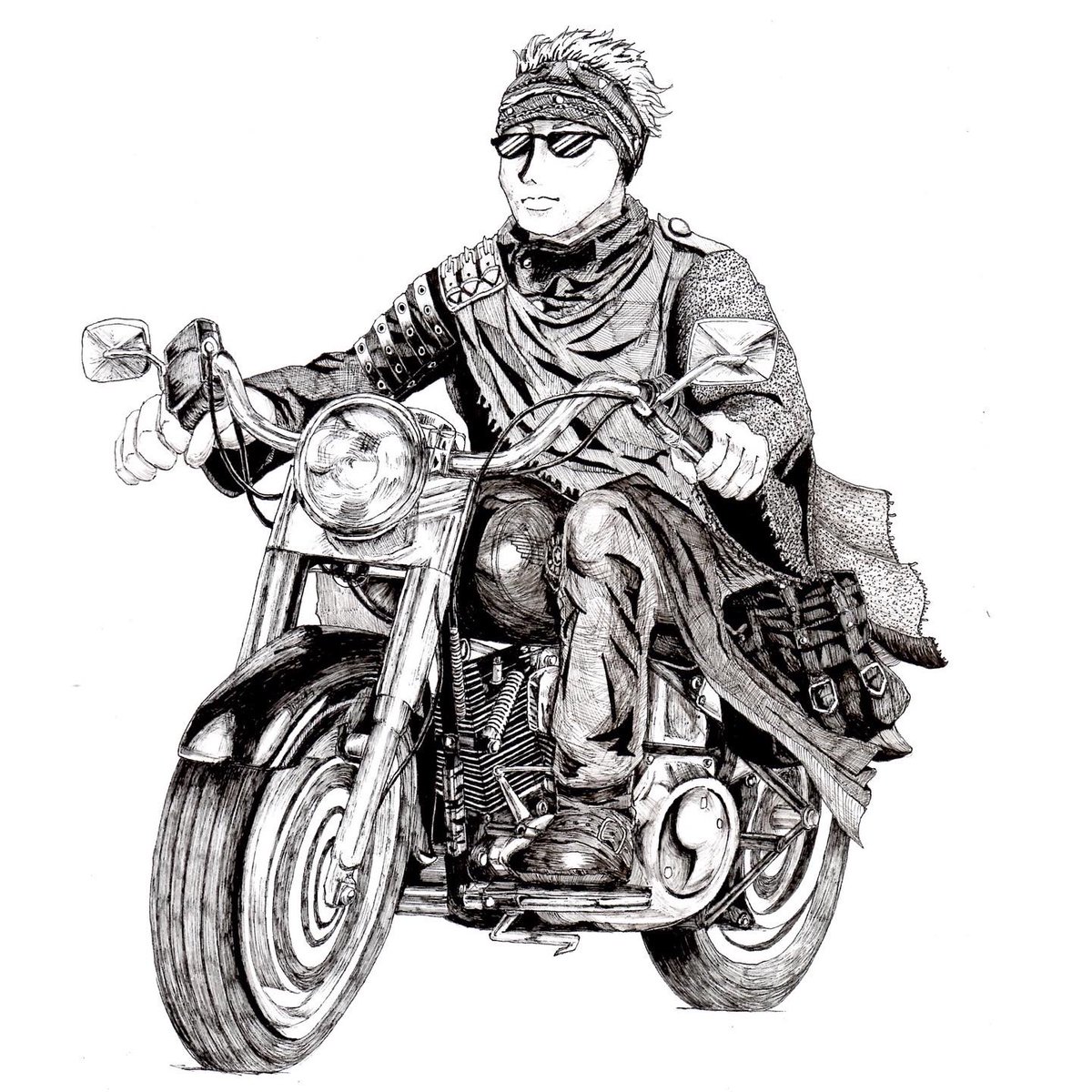 やまじあさこ Pe Twitter 今日は絵を書く時間がなかったので ちょっと前に書いた絵です ターミネーター2のハーレーを描いてみた イラスト イラストレーション ペン画 白黒画 バイク アメリカンバイク ハーレーダビッドソン ファットボーイ ターミネーター
