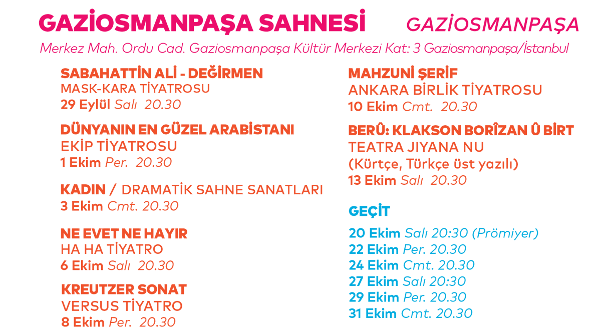2020 - 2021 Minimal Sezon Ekim Oyun Düzeni

Biletler 22 Eylül Salı günü saat 11.00'de gişelerimizden 11.30'dan itibaren sehirtiyatrolari.ibb.istanbul adresi ve mobil uygulamamız üzerinden satışa sunulacaktır.

stcdn.ibb.istanbul/Uploads/2020/9…

#İBB #ŞehirTiyatroları
#minimalsezon #Perde