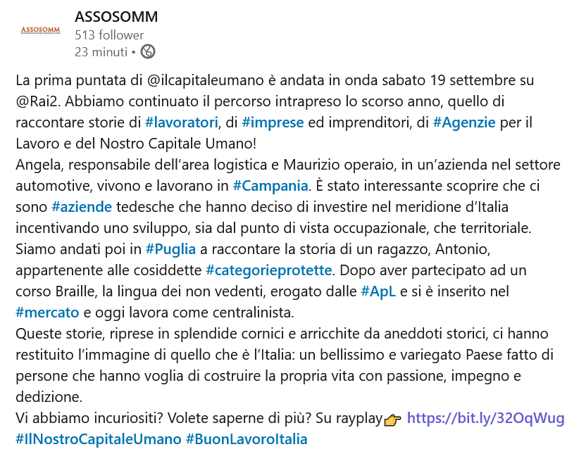 Assosomm's tweet photo. Il programma @ilcapitaleumano va in onda il sabato su @RaiDue. Si parla di #lavoratori #imprese #imprenditori e #Agenzie per il Lavoro

Continua la lettura del post 👉https://t.co/xACktrG3SN

Guarda su rayplay����https://t.co/BrU0cdgvB0

#IlNostroCapitaleUmano #BuonLavoroItalia https://t.co/XM8aY1DbcU