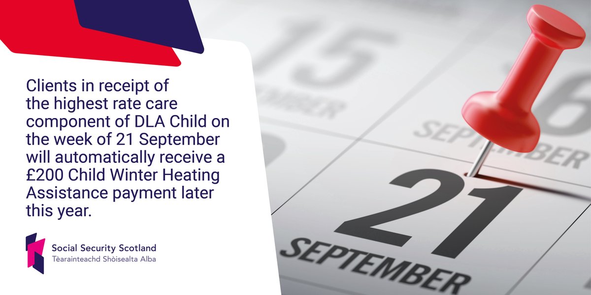 SocSecScot's tweet image. This is the qualifying week for the £200 Child Winter Heating Assistance payment from @ScotGov

Clients in receipt of the highest rate care component of DLA Child will automatically receive a payment later this year and will get a letter detailing this in advance.