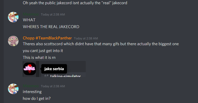 he goes on to explain how the original Jakecord is being shadowed by a fake.I've attempted to get in the real one, but I needed higher status.