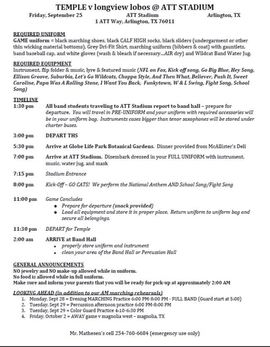 Temple_HSBand's tweet photo. HEY BAND!

Here is your itinerary for our Week 1 game against #beatlongview.  This will be emailed out in cut time as well as posted around the band facilities.

Here we go!

YAY BAND!

#BeEerVictorious 
#ChallengeYourLimits 
#PerformLikeYouveNeverLost https://t.co/TtpfGrTsKv
