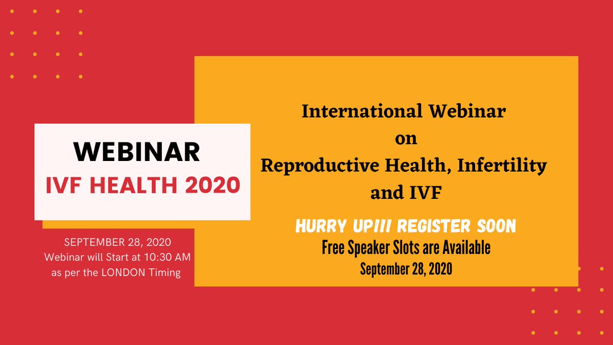IHealth2019's tweet photo. Few Speaker/Delegate Slots are available for Webinar on #IVFHealth2020
 on September 28, 2020
#RegisterNow and #Bookyourslots 
#SpecialRegistration for Group Participation
Contact us for more details and agenda
E: ivfhealth02@gmail.com
#webinar #ReproductiveHealth #onlineevent https://t.co/6LZtMfwmy4