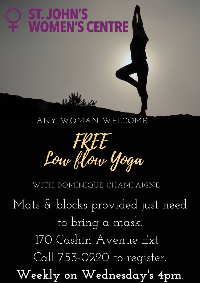 All skill levels welcome!!!! FREE low flow Yoga will begin weekly next Wednesday at 4pm at the St. John's Women's Centre - 170 Cashin Avenue. We ask that you please call to register 753-0220. Hope to see you there!