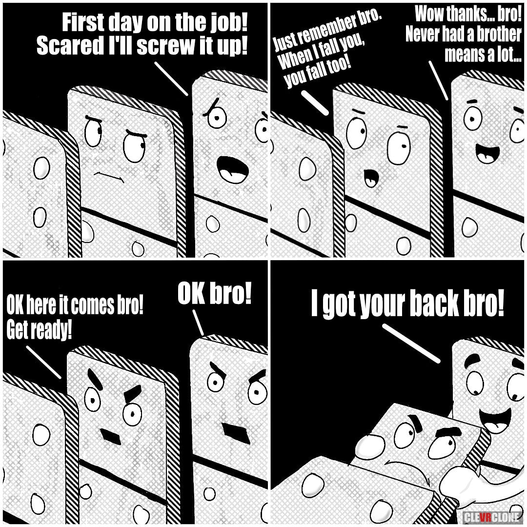 clevrclone's tweet photo. Dominbro! I draw things now. I also started an EFT Tapping and SOMA Breath business called https://t.co/NIyJ40cdxH hence my absence but I'm back now 😀
#memes😂 #meme #funnymemes #comicstrip #comics #funnycomics #dominoes #dominos #gotyourback #memestagram #fall #art https://t.co/ZWFT79uQ1f