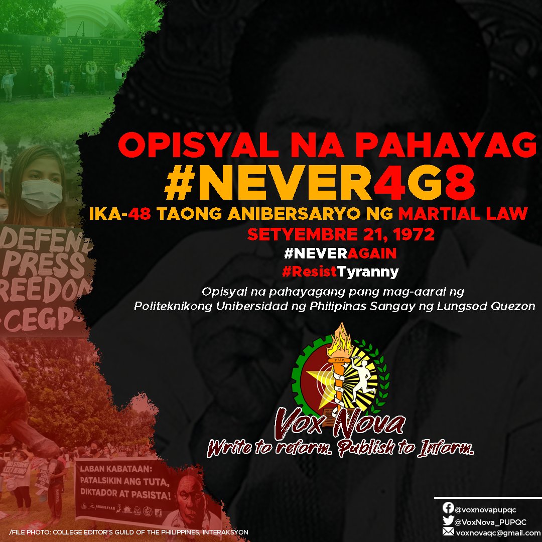 VoxNova_PUPQC's tweet photo. NEVER 4G8 MARTIAL LAW: Opisyal na Pahayag ng Vox Nova Hinggil sa Ika-48 na Anibersaryo ng Martial Law ni Marcos
Basahin: https://t.co/pds8SxJ1PF
#NeverForget
#ML48
#WriteToReformPublishToInform
#DefendPressFreedom
#ResistTyranny https://t.co/4ginqZ2y1R