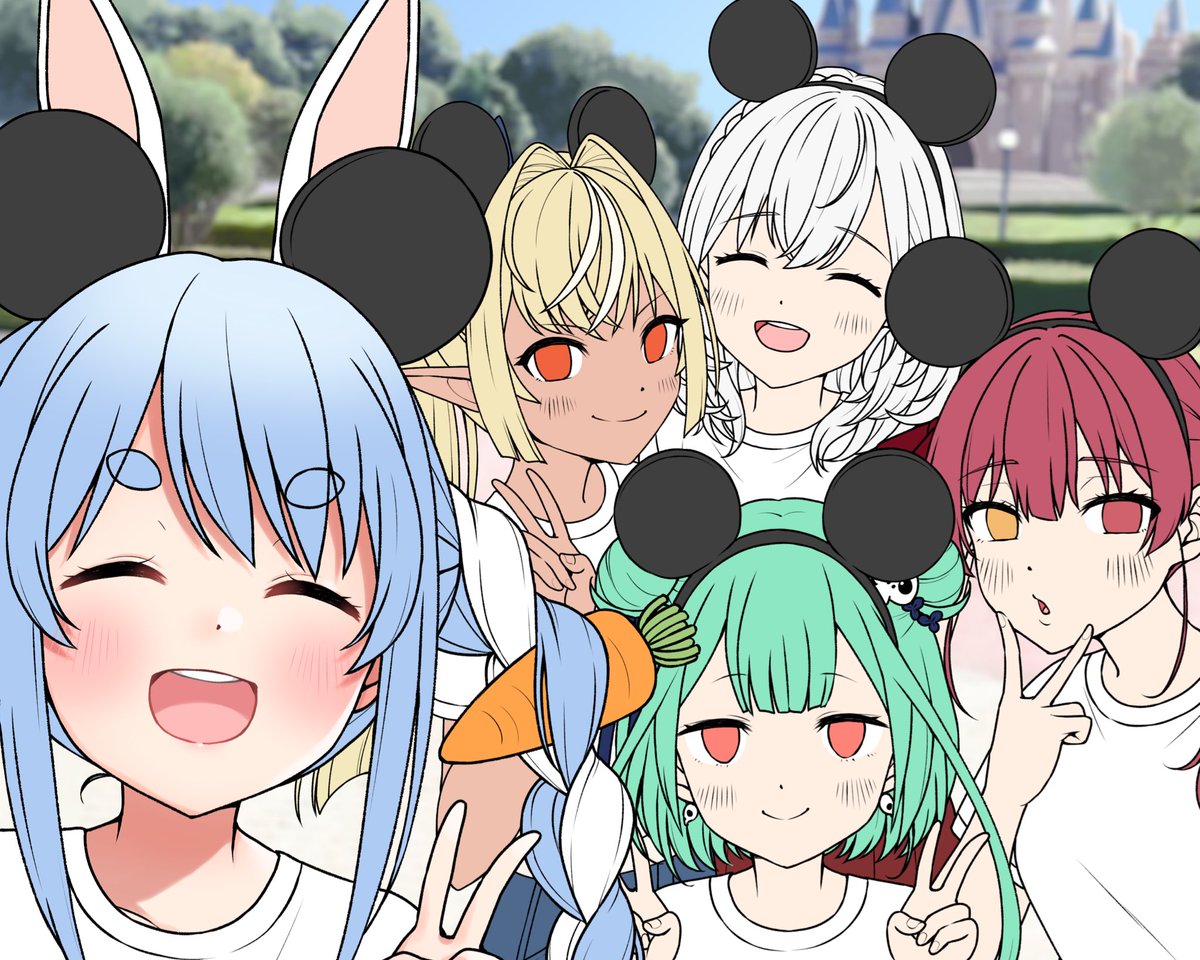 宝鐘マリン ,不知火フレア ,白銀ノエル ,潤羽るしあ ,兎田ぺこら 「めちゃめちゃに途中なんですけど、既に最高の気持ちになってしまった… 」|ともず🍪ホロメン毎日デフォルメのイラスト