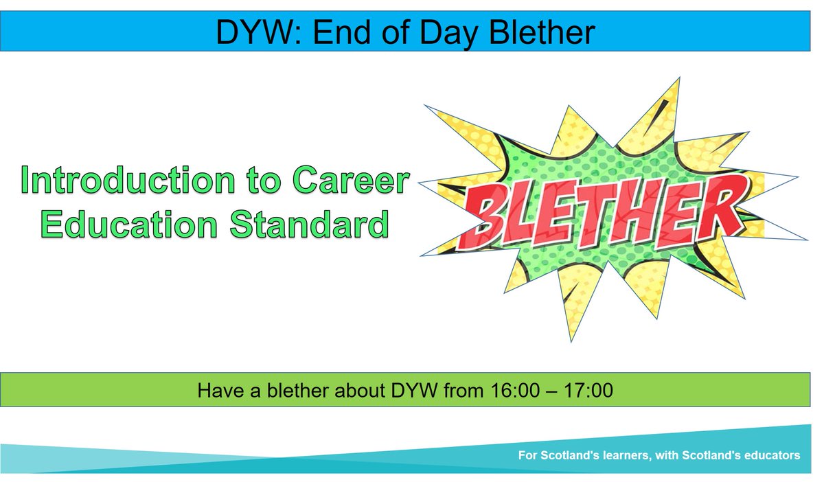 End of the Day DYW Blethers are now on Teams. Join us for Introduction to the Career Education Standard 3-18 on October 8.

Teams joining code: nhxccnb