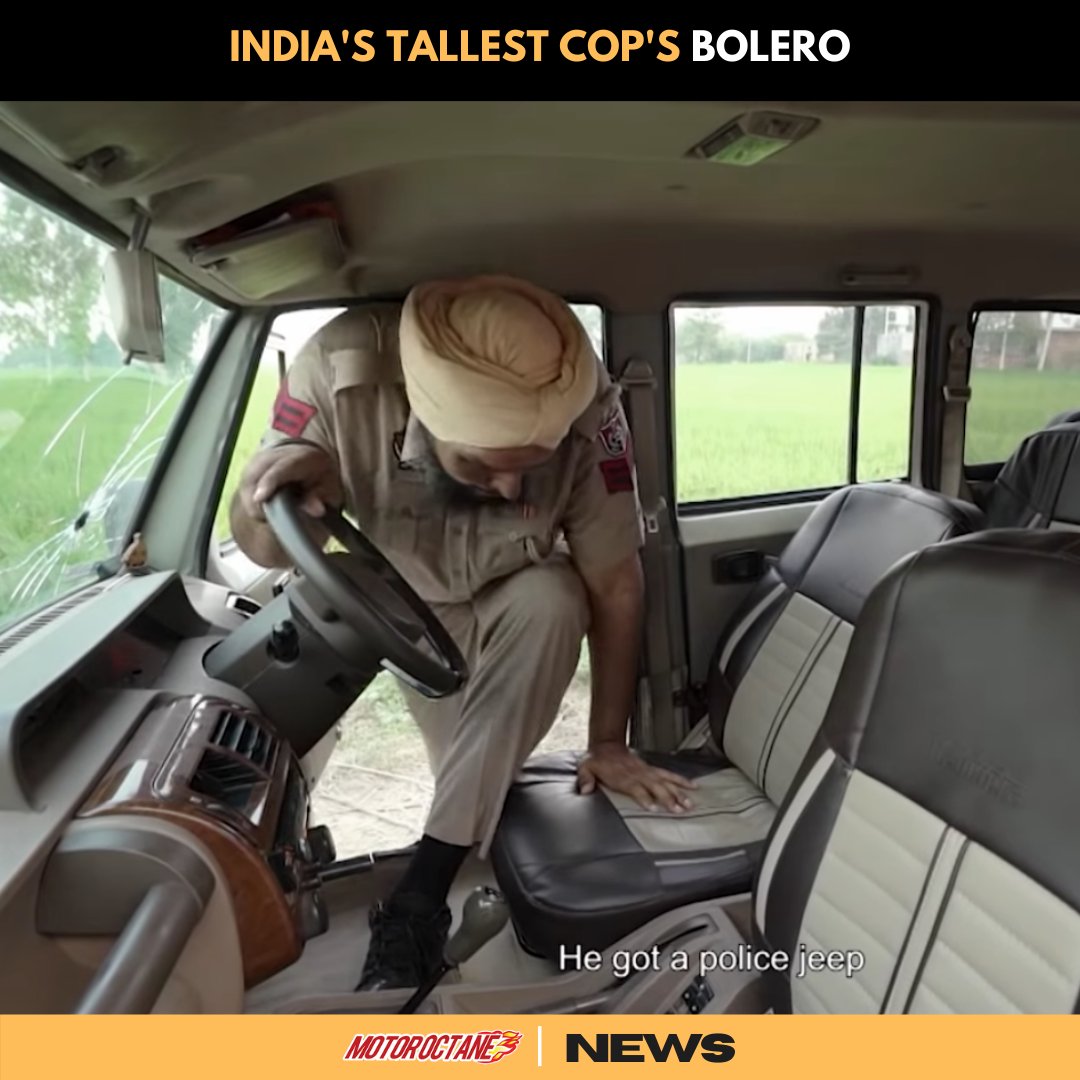 MotorOctane's tweet photo. Yes, ye hai India ka sabse tall policeman and his Mahindra Bolero! A strong man needs a strong car! Kaisi hai yeh lifted bolero?😁

#IndianCop #Police #PunjabPolice #Cop #Bolero #MahindraBolero #PoliceCar #IndiasTallestCop #TallCop #MotorOctane https://t.co/GOkrSO28Q4
