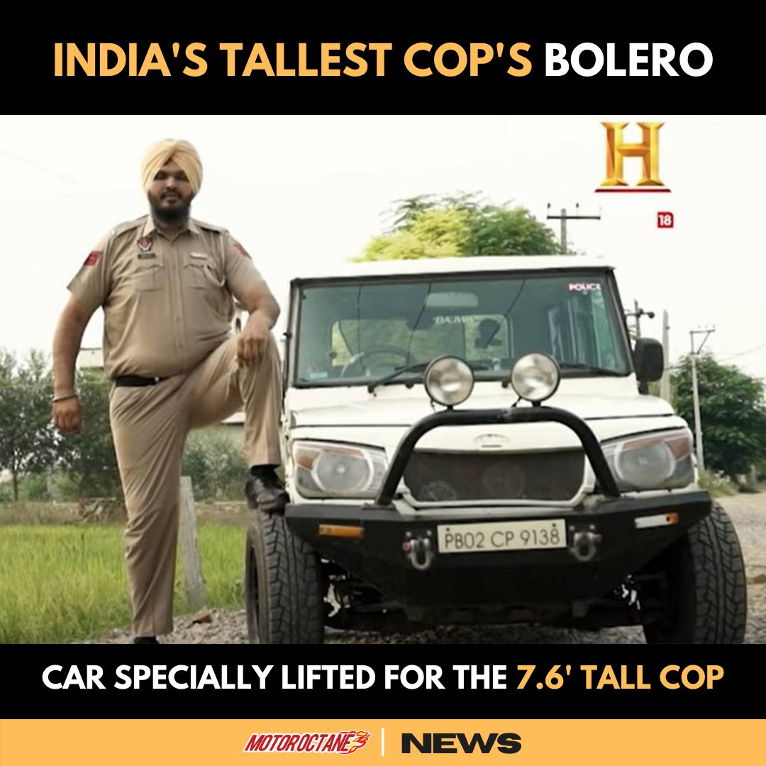 MotorOctane's tweet photo. Yes, ye hai India ka sabse tall policeman and his Mahindra Bolero! A strong man needs a strong car! Kaisi hai yeh lifted bolero?😁

#IndianCop #Police #PunjabPolice #Cop #Bolero #MahindraBolero #PoliceCar #IndiasTallestCop #TallCop #MotorOctane https://t.co/GOkrSO28Q4