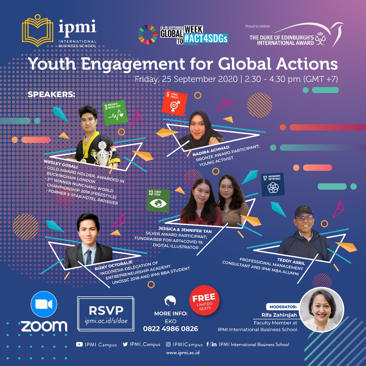 WEBINAR ALERT! Join us and @IPMI_Campus for an engaging talk with inspirational Indonesian youth personalities on how they, and all of us, can positively impact our shared global community. Friday 2.30 p.m. (GMT+7) Register via: ipmi.ac.id/s/doe
