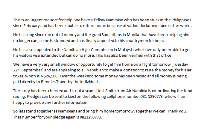 Air Namibia is working with a local travel agent to help get the Namibian stuck in the Philippines back home. They have until 1pm today to raise enough funds!