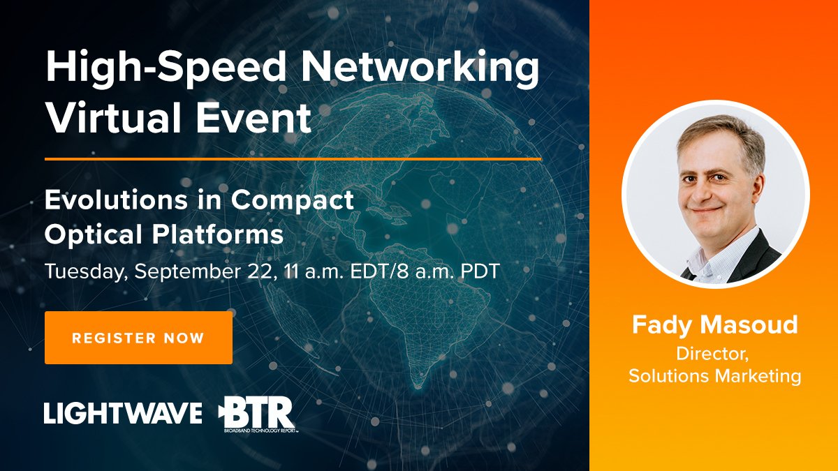 Infinera's tweet photo. Tomorrow at @lightwaveonline and @BTReport’s High-Speed Networking Virtual Event, Fady Masoud will discuss how #compactmodular can improve network performance, lower CapEx/OpEx, deliver enhanced flexibility, and support network automation. Don’t miss it! https://t.co/jMqxFcmrHf https://t.co/oF3iuyfeJP