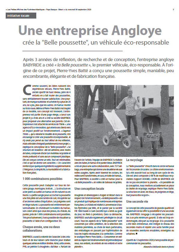 On commence la semaine avec la "Belle poussette" ! Petite parution locale <a href="/PetitesAffich64/">Les Petites Affiches des Pyrénées-Atlantiques-PB-B</a> avec une interview du fondateur de BabyRide  #babyride #labellepoussette #concevoirautrement #ecoconception #babysafe #westcoaststyle #ride #madeinfrance #ademe #nouvelleaquitaine