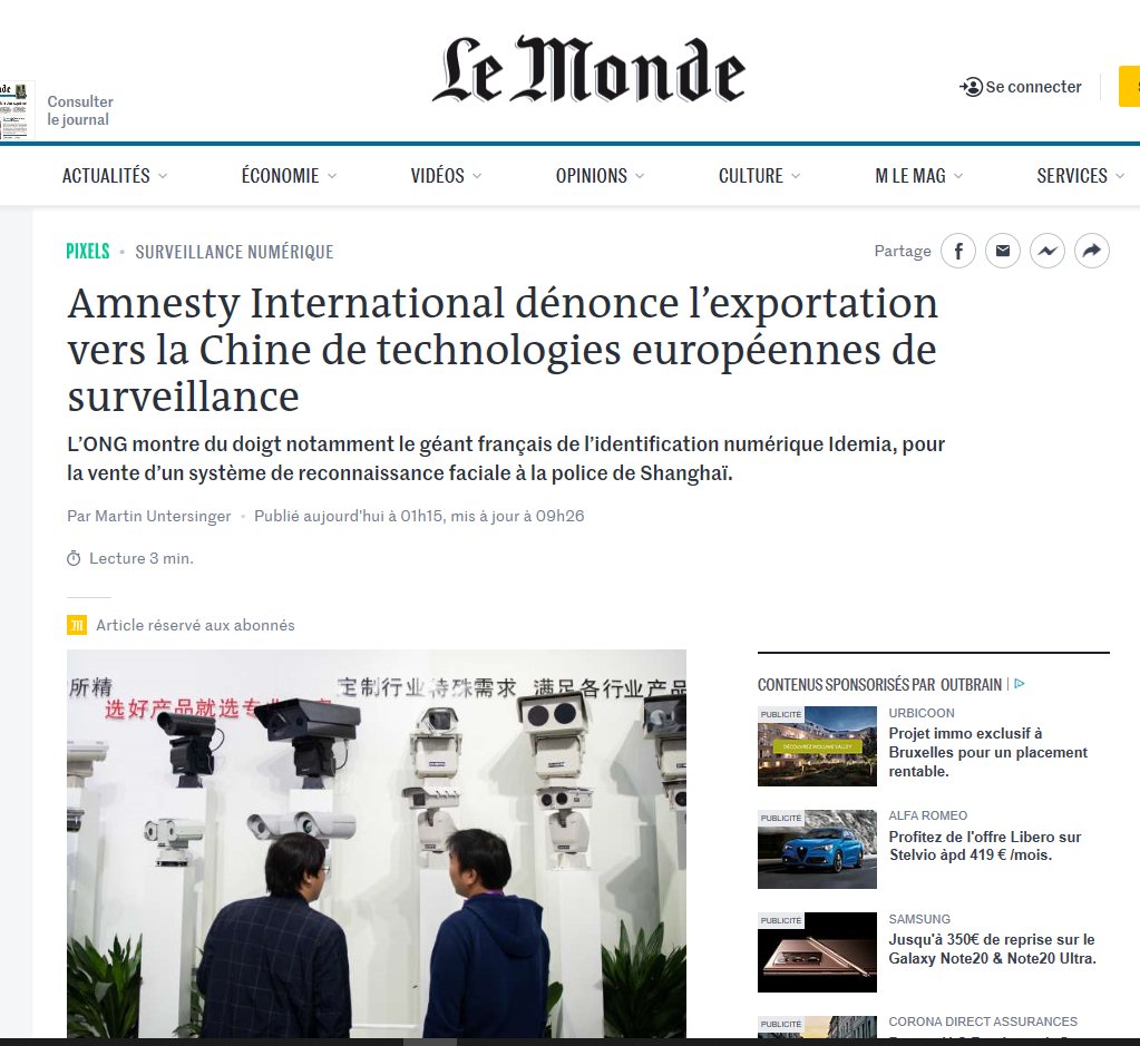 SLCHARDON's tweet photo. Article du Monde concernant un nouveau rapport d'Amnesty International dénonçant l'exportation de technologies de cybersurveillance, qui relance le débat alors que doit se tenir une nouvelle réunion de trilogue demain 22 septembre. https://t.co/FoMVxDw6qA